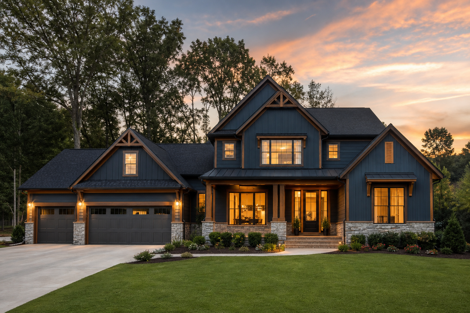 Modern luxury new-construction home with navy siding at dusk in a Metro Atlanta suburb